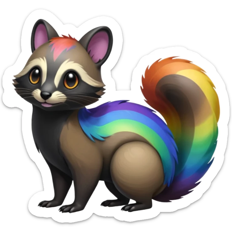 Colorful onyx-obsidian-pitch-black and rainbow-iridescent Cacomistle-Bunnelby-Numbat-Ferret-hybrid-fusion-animal-creature, full body  sticker