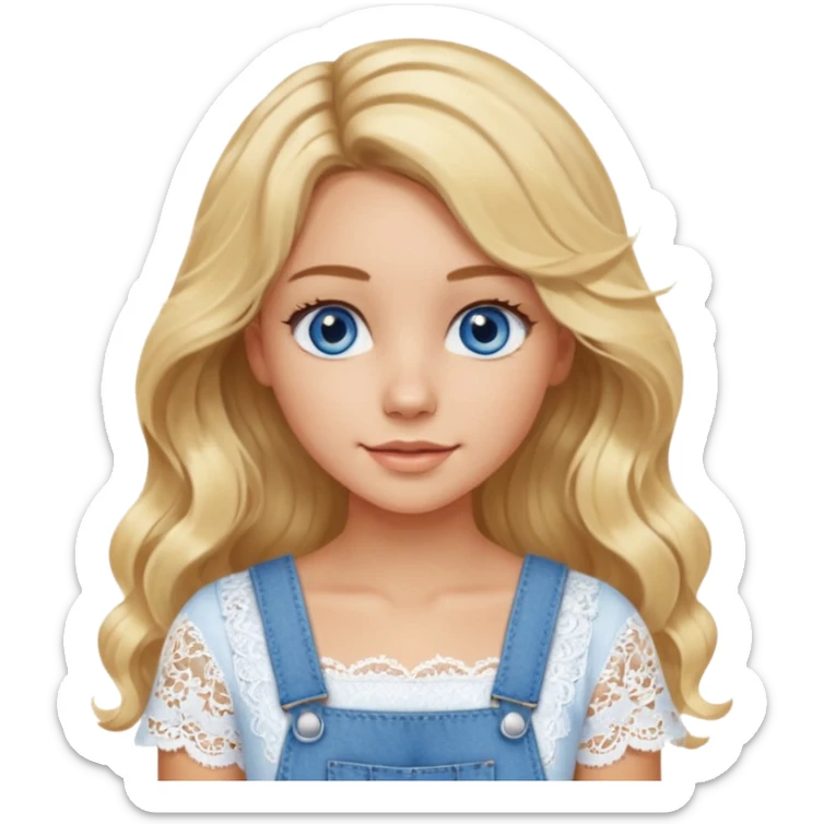 create an emoji of a young woman, very long blonde wavy hair mid-part, blue eyes, tanned skin, a gentle look. she wears a very white short sleeve lacy top and an overall sticker