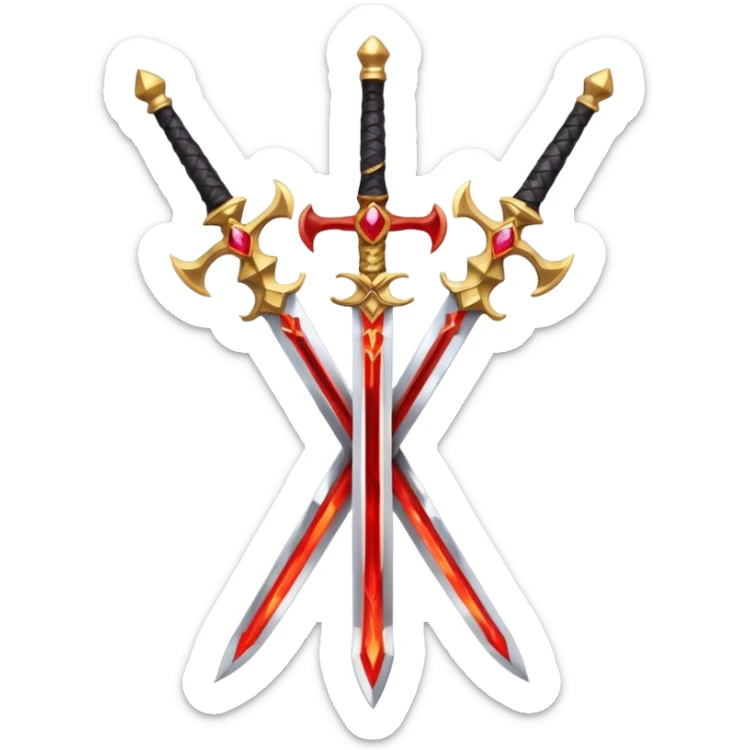 Two crossed swords that are golden in blade and handle and have fiery and royal appearence to them as well as red gem stones sticker