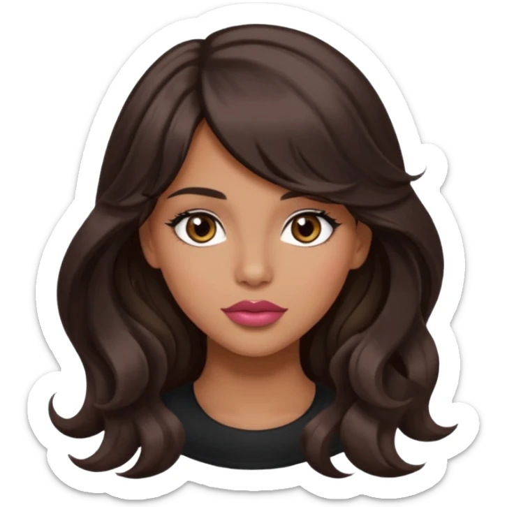 beautiful girl with black wavy long hair and side-swept bangs, tan skin, rose-coloured lips and hazel eyes who looks like a model sticker