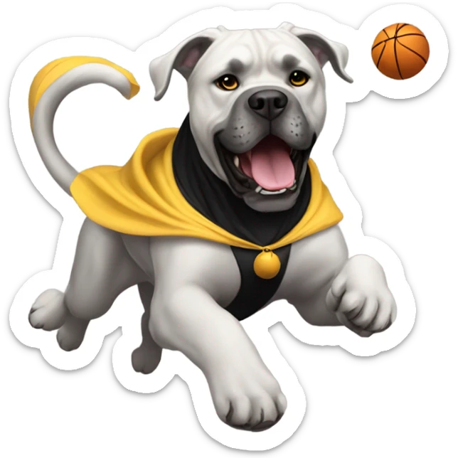  A white Cane Corso flying with a basketball wearing a black and gold cape. sticker
