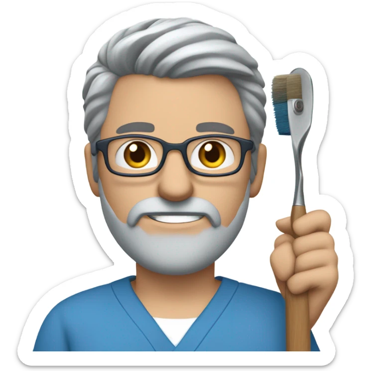 male dark blond doctor with grey beard with hazel eyes and small wire-rimmed glasses in blue scrubs holding a paintbrush and saw sticker