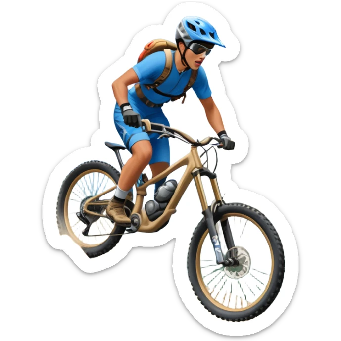 A thrilling downhill mountain biking scene! A rider in full gear speeds down a steep rocky trail, kicking up dust. The rugged mountain landscape surrounds them, with towering peaks, evergreen trees, and a bright blue sky. The rush of adventure is in the air. Transparent background. sticker