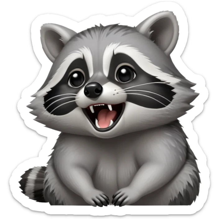 Cinematic-cute realistic- Yawning Raccoon-Portrait-Emoji – Poised and confident, wide-open yawn, revealing a soft grey with a sturdy build and a beautifully textured fur of silver-grey accented by dark black facial markings, deep-set, big black eyes, simplified yet sharp and sophisticated zoom out to show shoulders sticker