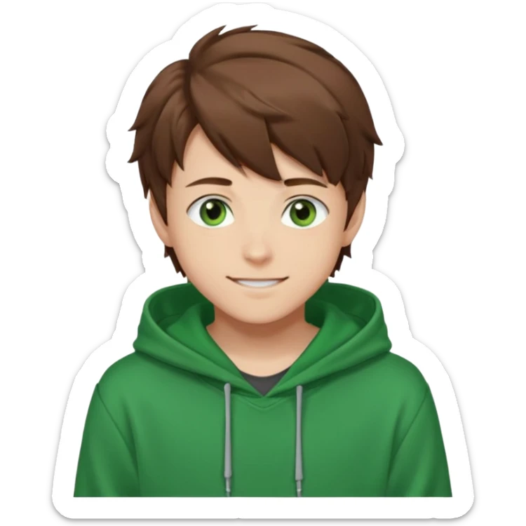 Anime teen boy with brown hair, green eyes, and a green hoodie, looking smiling slightly sideways positioned. Face must be main filling of the emoji. A little piece of hoodie can be visible. 128px sticker