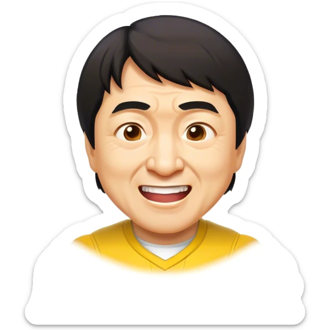 Cinematic Realistic Jackie Chan Pop Culture Emoji, depicted with playful agility and charismatic charm rendered with lifelike textures and vibrant, action‚Äêpacked lighting. sticker
