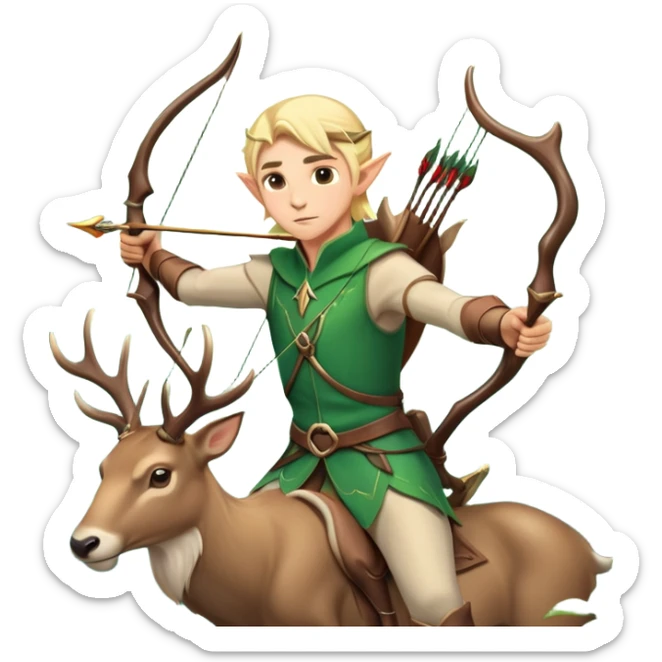 clash-of-clans-aesthetic-blond-male elf-archer-portrait-emoji, rendered in a flat, vector-style with minimal shading and bold holding his bow, simplified shapes, head tilted slightly forward with a determined, focused expression, riding a majestic stag whose antlers glow with mystical energy, set against an ancient, enchanted forest backdrop. sticker