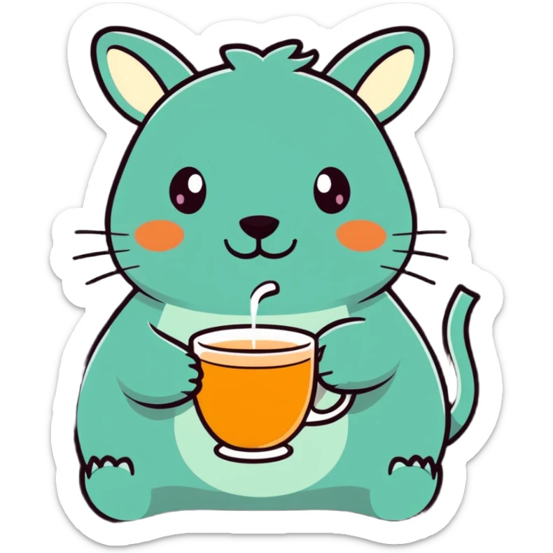 cartoon style emoji of an animal sipping tea, playful expression sticker