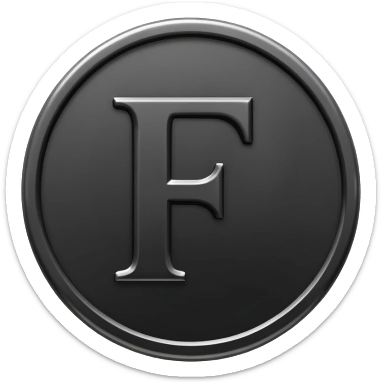 Emoji icon of a black coin with engraved letter F, minimalist style, isolated, no color sticker