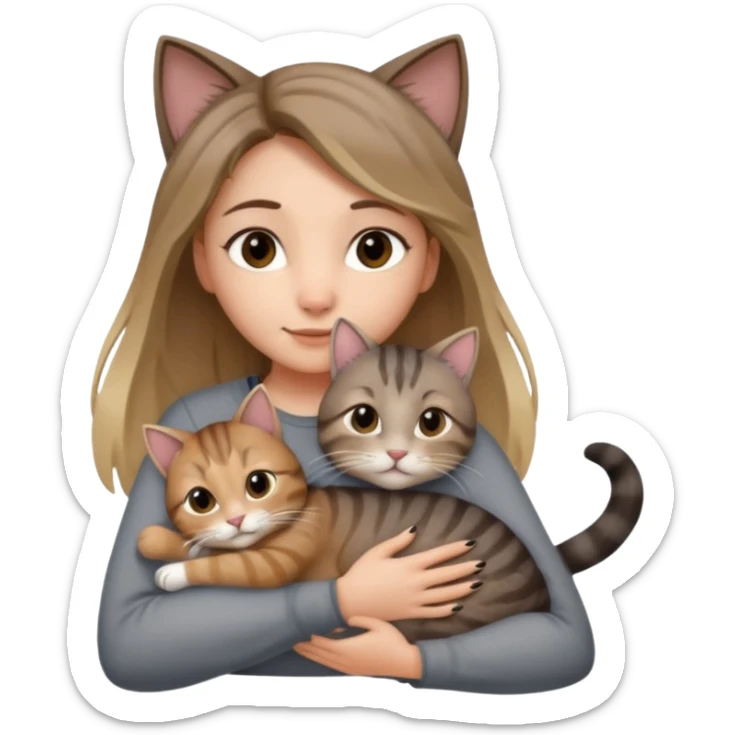 Une femme avec les cheveux dégradée, brun et blond, qui fait un câlin à son chat qui est gris, tigré avec les extrémités oreille patte et queue noir  sticker