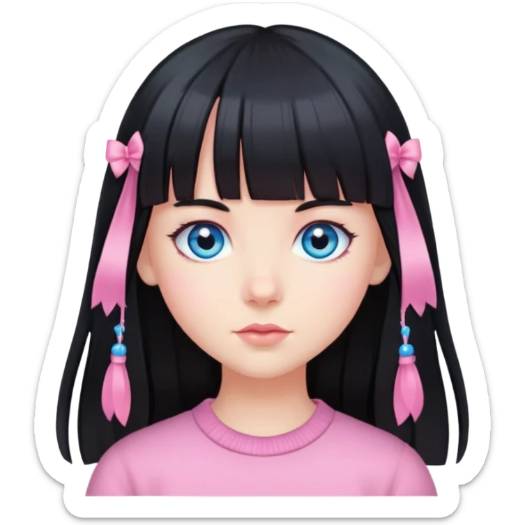 girl with long black hair and bangs blue eyes and hairclips in pink sticker