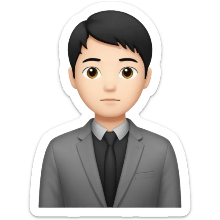 asian young man with black hair middle part haircut in grey blazer and black t-shirt  sticker