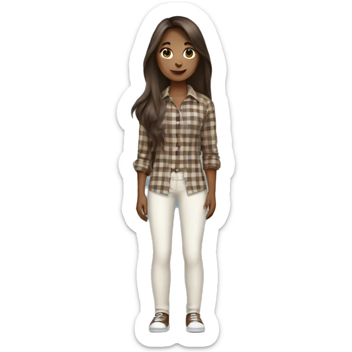a brunette girl with long straight hair stands in a brown checkered shirt and white pants with a small black handbag sticker