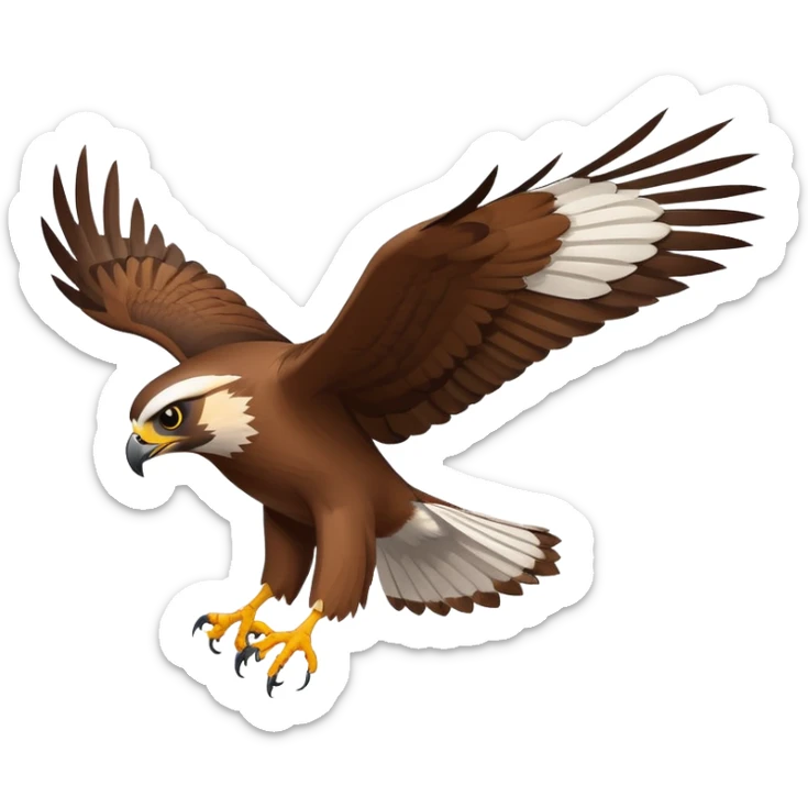 An emoji of a hawk, with sharp eyes and a sleek, aerodynamic body. The bird is in flight, wings spread wide, symbolizing speed, focus, and precision. Simple and bold design with a fierce, determined look sticker