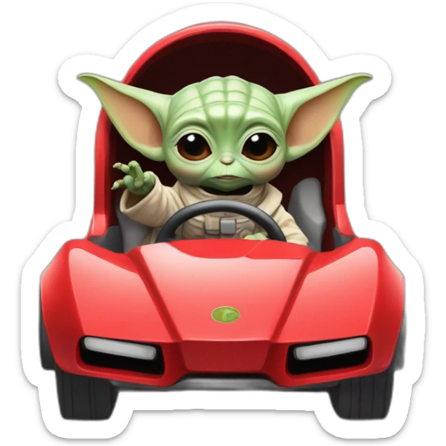 baby yoda driving a red ferrary in an astronaut suit in jurasic park sticker