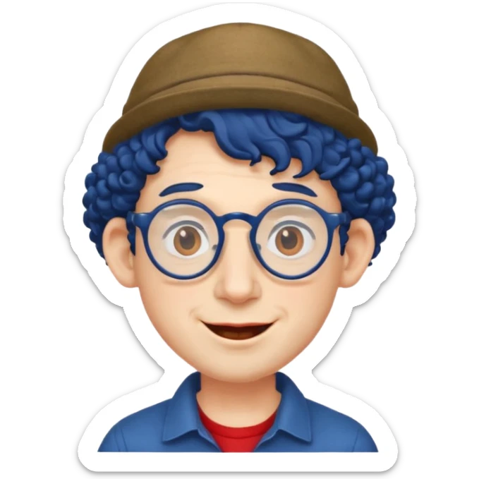 dark blue haired man curly hair with big ears and red earrings and spectacles happy and hat wearing sticker