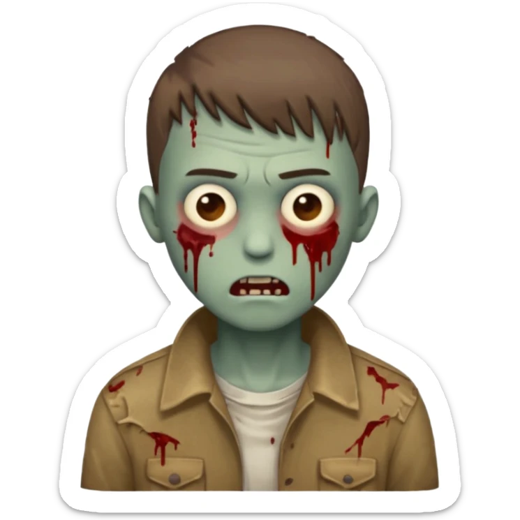 zombie emoji of a boy with a buzzcut and a long fringe covering his forehead down to his eyes, brown hair, brown eyes sticker