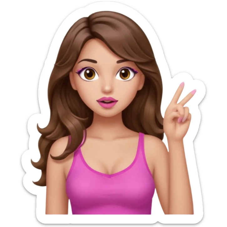 girl with long wavy brown hair, brown eyes, light to medium complexion, in a pink sexy top, pink lips, long lashes, silent motion with the hand one finger up by the mouth sticker