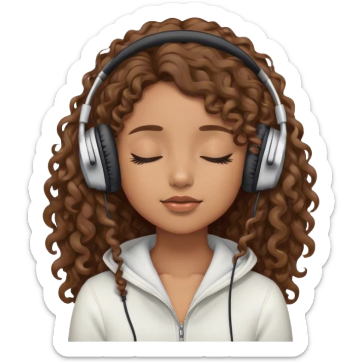 Light brown skin girl, long curly brown flat hair, eyes closed, headphones on listing to music sticker