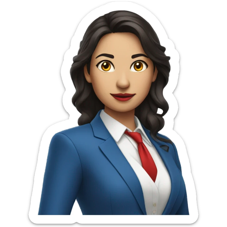latin woman in blue suit, white shirt and red tie pointing to the right sticker
