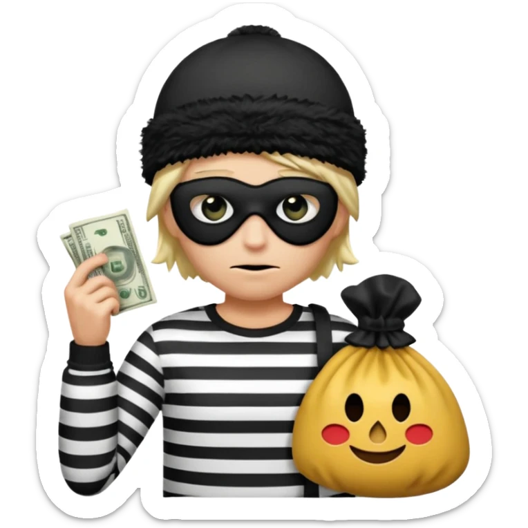 a short ios emoji-style portrait of a classic burglar, a black eye mask and a black-and-white striped shirt. emoji-like hair, black winter-like hat, a bag of money 💰 with a dollar sign in a right corner, evil expression WITHOUT a hand  sticker