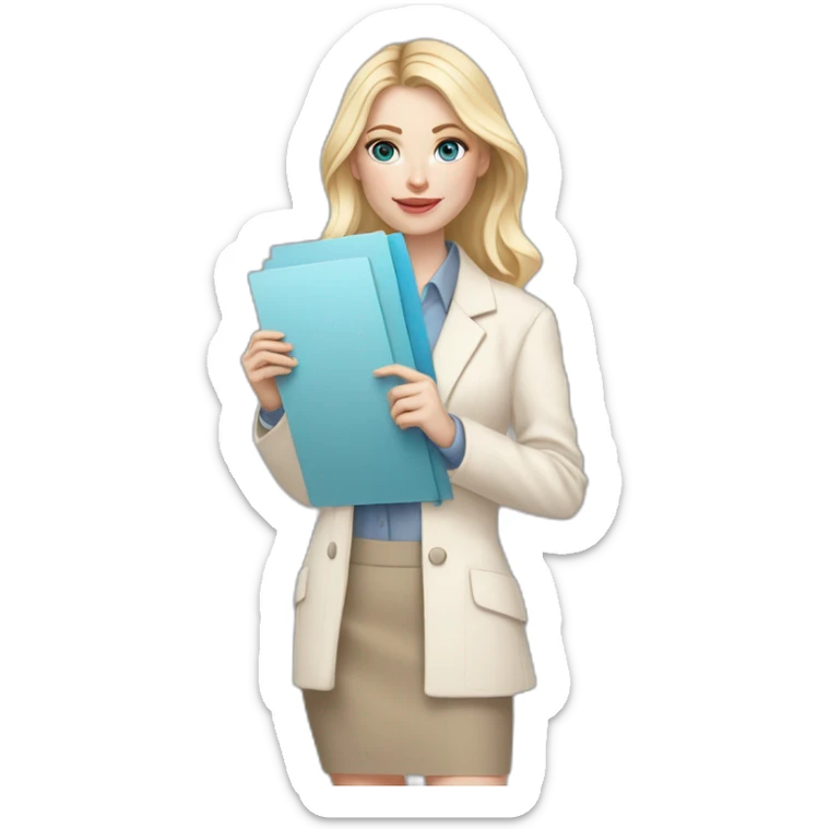 pale skin woman interior designer with cold blonde middle length hair, blue eyes, beige blouse, White oversize jacket, Gray skirt holding a color palette in the hands sticker