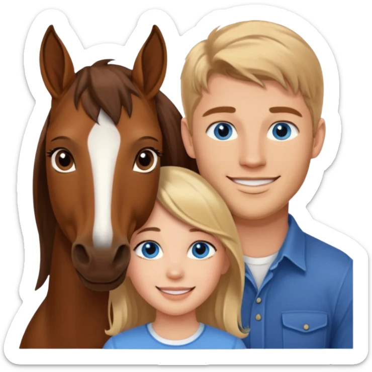 Smiling blue eyed trevor donovan with smiling brown eyed girl and one brown horse sticker