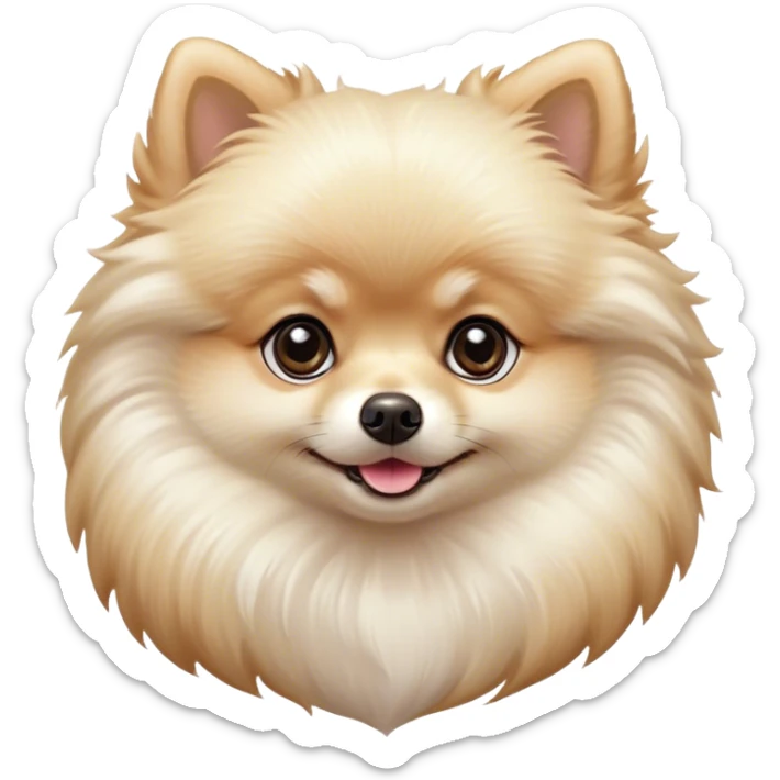 Cinematic Cute Cream Pomeranian Portrait Emoji, Head tilted playfully and inquisitively, featuring a luxurious, fluffy cream Fur with a natural sheen, round, sparkling dark eyes filled with curiosity, Simplified yet irresistibly adorable features, highly detailed, glowing with a warm, friendly glow, high shine, affectionate and lively, stylized with a touch of whimsy, bright and endearing, soft glowing outline, capturing the essence of a mischievous yet loving pup, so playful it feels like it could scamper out of the screen and into your arms! sticker