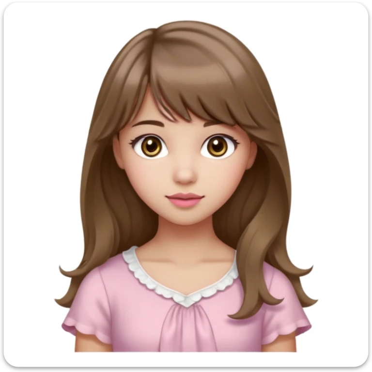 A teenage cute girl with very light olive skin and soft pinkish cheeks. Large bambie dark hazel eyes. Long wavy light brown hair with soft bangs. Features are very feminine and beautiful. medium straight nose with a soft tip. Medium natural pink lips. Wearing a simple dress in pink and white.  sticker