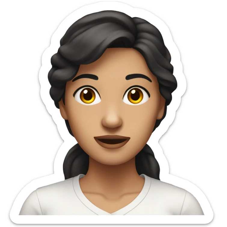 A woman with dark hair and hazel browm eyes, waering a white shirt sticker