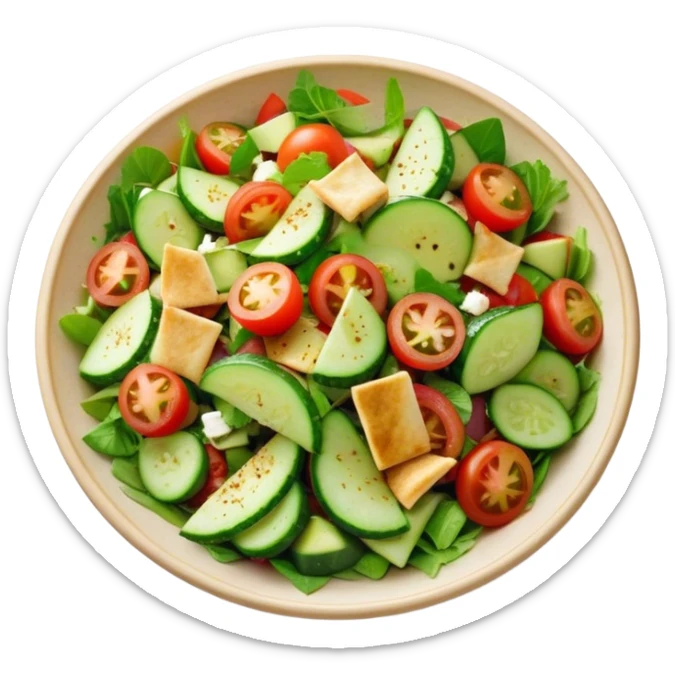 Cinematic Realistic Fattoush Salad Dish Emoji, depicted as a colorful medley of greens, tomatoes, cucumbers, and crispy pita rendered with vibrant textures and refreshing lighting. sticker