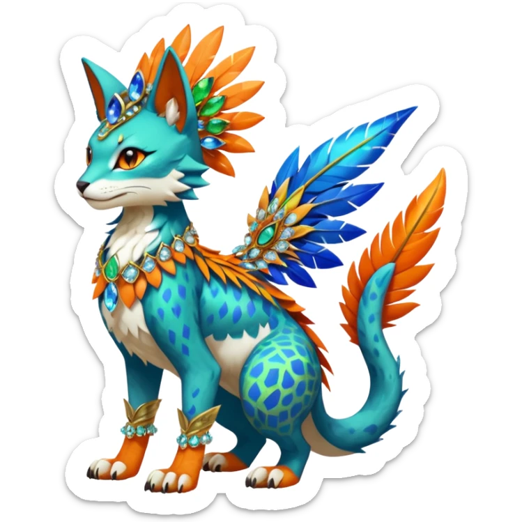 Kawaii cute colorful exotic tropical beautiful pretty elegant divine edgy feline-vernid-sergal-Fakémon-Pokémon-fursona-animal-creature with accessories, jewelries, full body, with intricate detailed markings, feathers, crystals, fins, scales, headdress sticker
