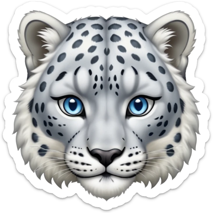 Cinematic-Noble-Snow-Leopard-Portrait-Emoji – Poised and majestic, with a muscular, agile build and a beautifully patterned coat of soft white and grey fur, marked with striking rosettes, deep-set, intelligent icy blue eyes, simplified yet sharp and sophisticated. sticker