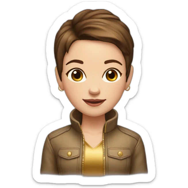 girl-shortest brown hair-gold jacket-smile-ear rings sticker