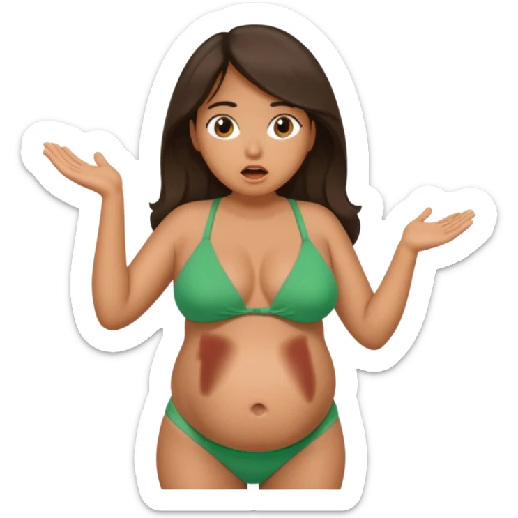Latina girl, tan skin, pregnant, green bikini, shocked face, huge belly sticker