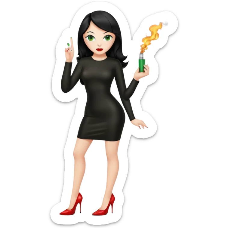 🕵🏻‍♀️💦🧥 black hair , green eyes , full body , red high heels , black latex dress , 🖕🏻🚬 sticker