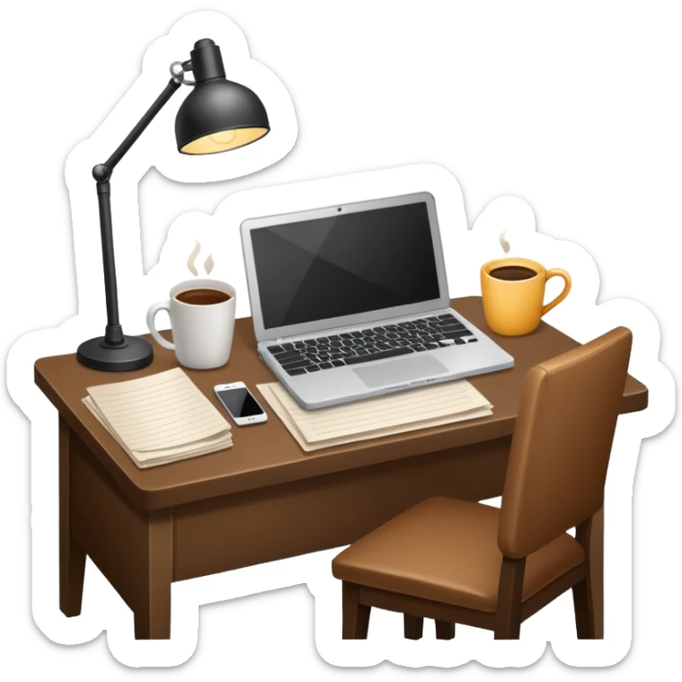 emoji of a cozy desk with a paper, a coffee, and a laptop on it sticker