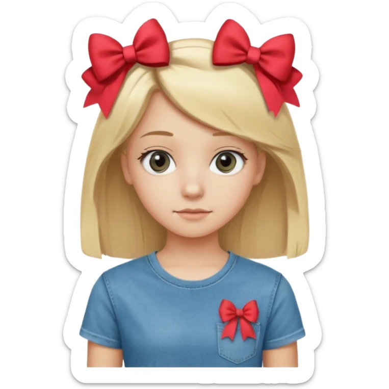 14 years old girl, with blonde hair, grey eyes. Wearing t-shirt and jeans. Wearing a bow sticker