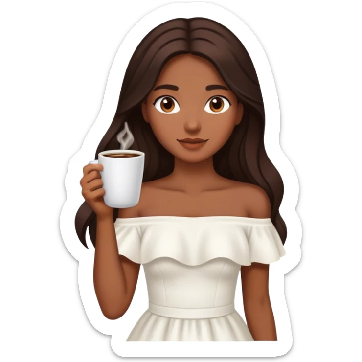 Beautiful woman in 1950’s woman fashion look, off-shoulder white dress, long dark brown hair, coffee sticker