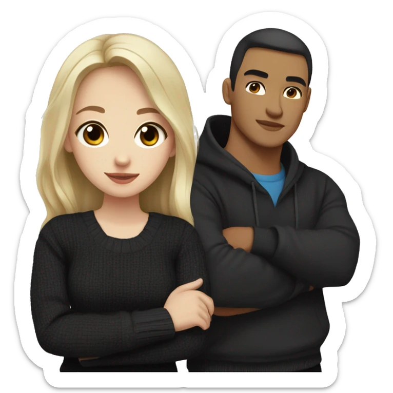 dark Blonde girl with blue eyes in black sweater and an east asian with light skin man with black hair and black eyes hugging sticker