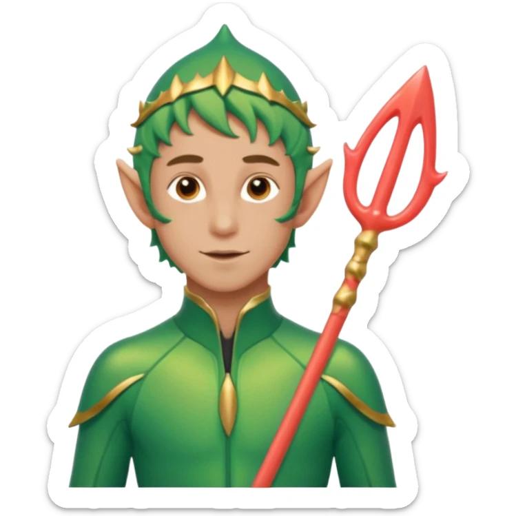 male elf in iridescent wetsuit, coral staff. Gills on neck legolas sticker