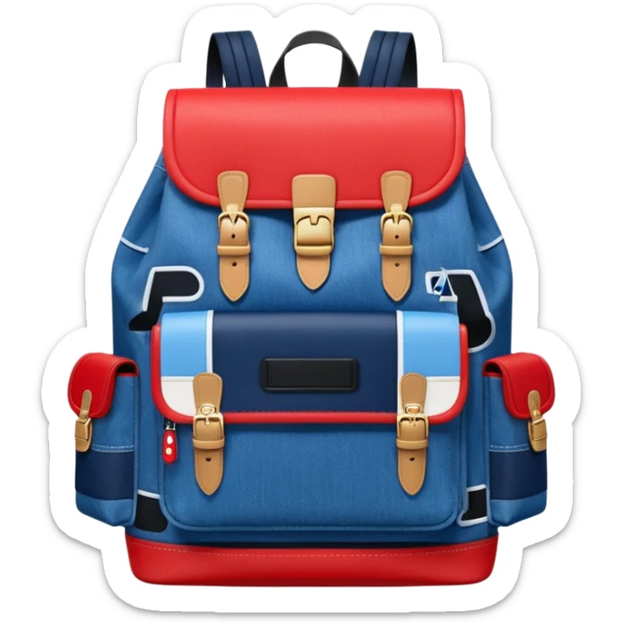 Minimalist emoji-style icon of a stylish blue denim backpack with a flap top, two vertical black buckle straps, a large red-white-navy horizontal block in the center, and two zipper side pockets. Inspired by Tommy Jeans design. Front view, cartoon-like, clean design.

 sticker