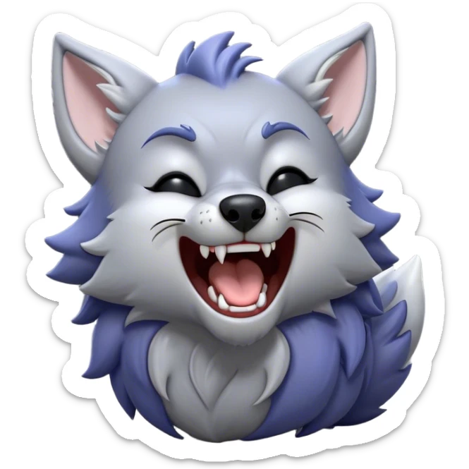 Cinematic Cute Yawning Werewolf Portrait Emoji, with a cuddly, miniature lupine form in soft moonlit grays and silvers, head leaning back in a big, adorable yawn that reveals a few fuzzy teeth, simplified yet irresistibly charming, highly detailed with a soft glowing outline that captures the drowsy, playful essence of a werewolf mid-nap! sticker