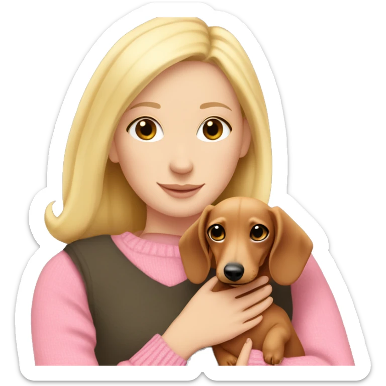 White girl blonde hair pink sweater hugging dachshund sticker