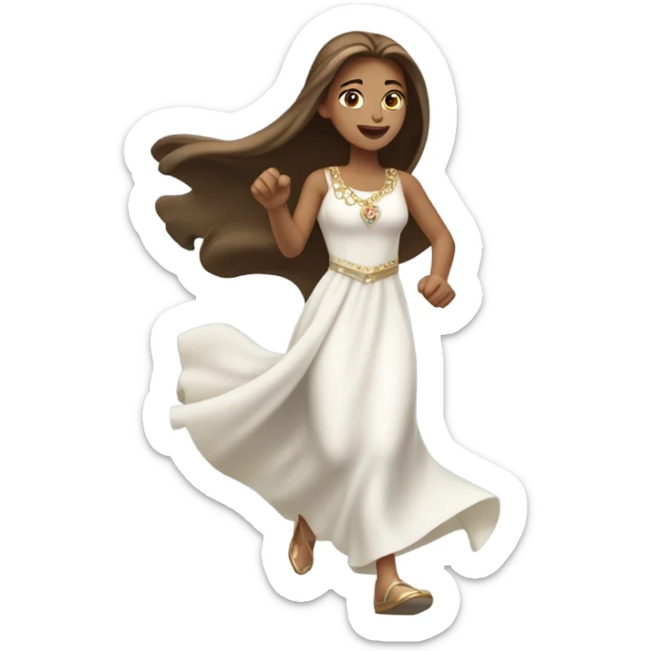 A princess with long brown straight hair and light skin running in a white dress with jewelry.  sticker