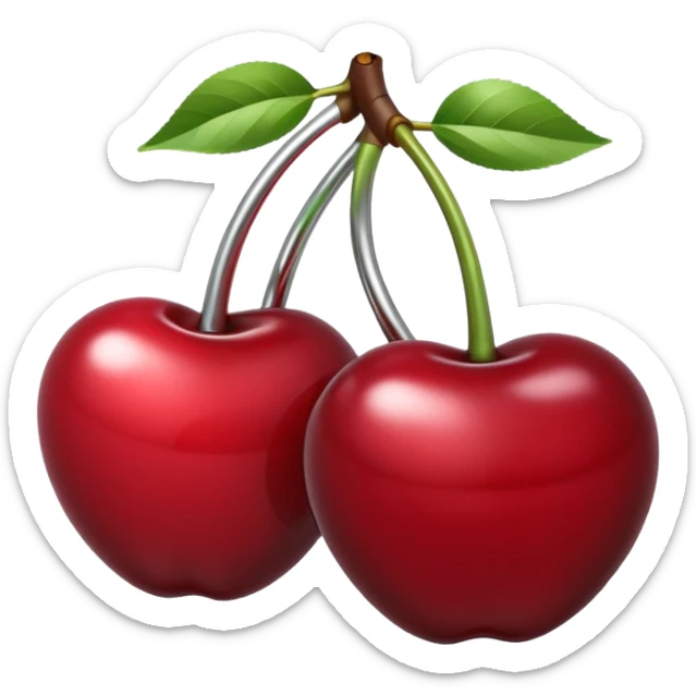 A pair of cherries emoji made of polished silver chrome, smooth rounded shapes, glossy metallic finish, soft highlights and reflections, cute proportions, iOS emoji style, centered, clean white background, no text sticker