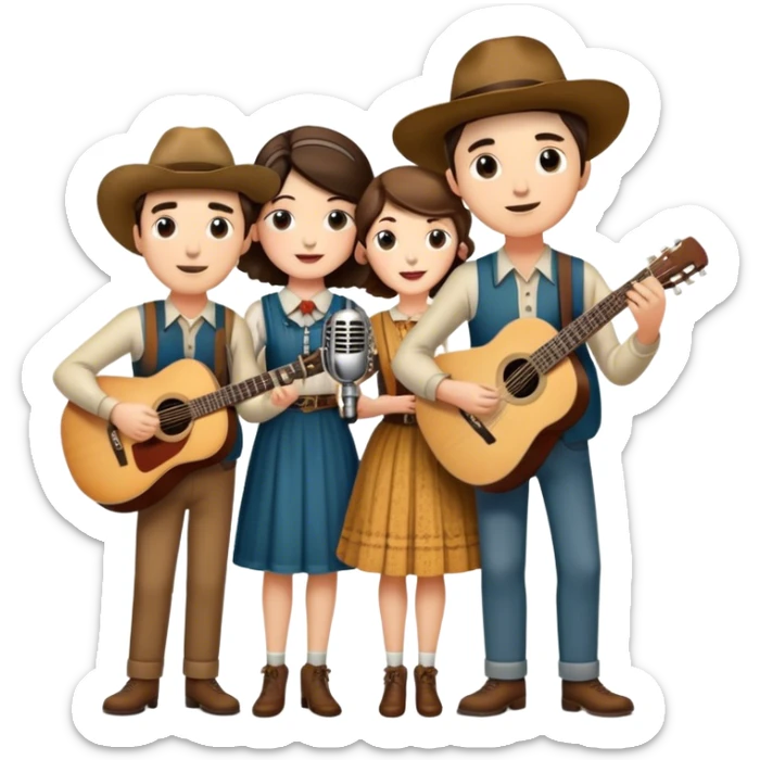 Icon for Country Music: The Carter Family—Alvin, Ezra, Sara, and Maybelle Carter—grouped together with a vintage microphone, acoustic guitars, and Appalachian folk aesthetics. A warm, nostalgic atmosphere represents their influence on country music. Transparent background. sticker