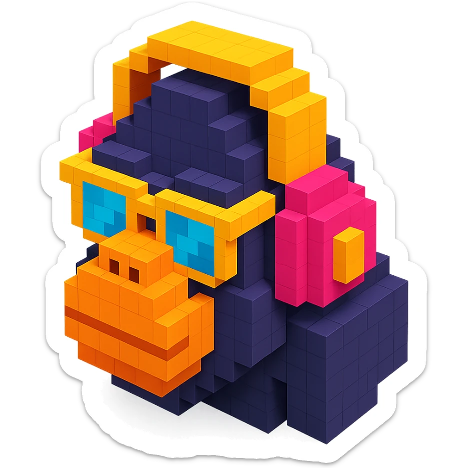 voxel style gorilla with sunglasses and headphones, isometric view sticker