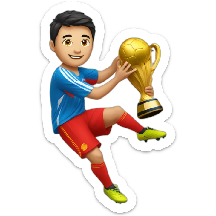 Soccer's player from kyrgyzstan holds the world championship cup sticker