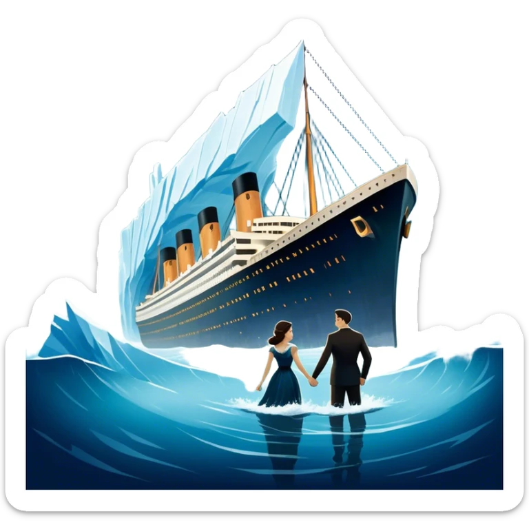 Icon for Titanic Movie: A vintage movie poster-style design featuring a dramatic scene of the ship, the iceberg, and a romantic silhouette of the main couple. Include elements like the ship’s bow, water splashes, and a starry sky in the background. Retro cinematic feel. Transparent background. sticker